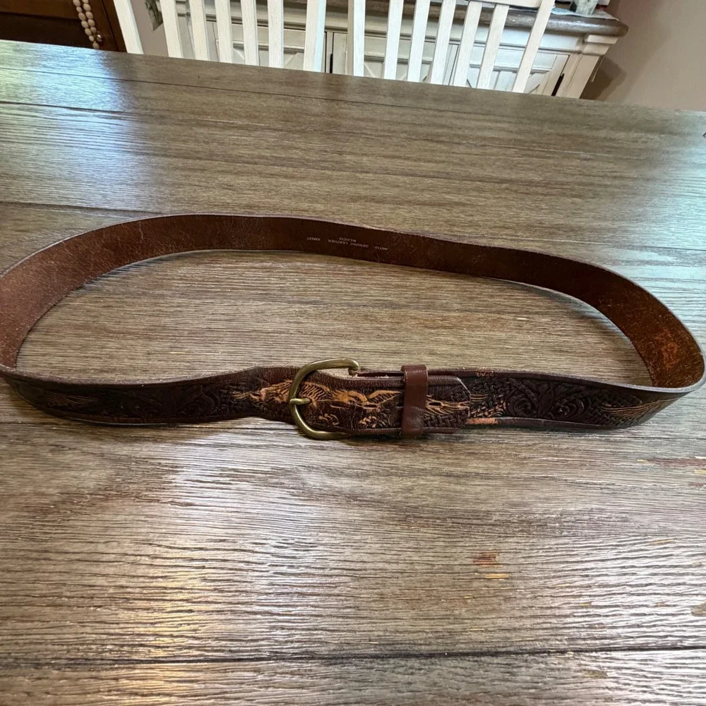 Mens Brown Tooled Genuine Leather Western Eagle Belt Size 44 KM627 Mexico
